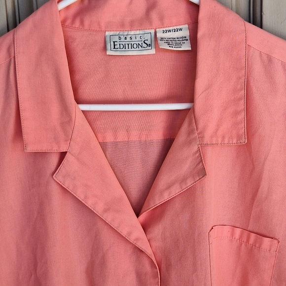 Basic Editions Plus Sz22W Melon Pink Short Sleeves Collar Button Down Cotton - Picture 5 of 10